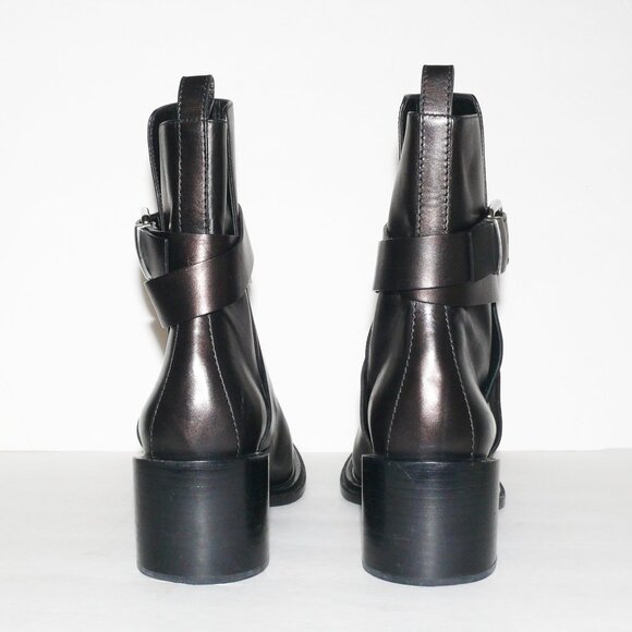 JIL SANDER BLACK LEATHER BUCKLED ANKLE BOOT w/OIL SLICK FINISH - Picture 4 of 9